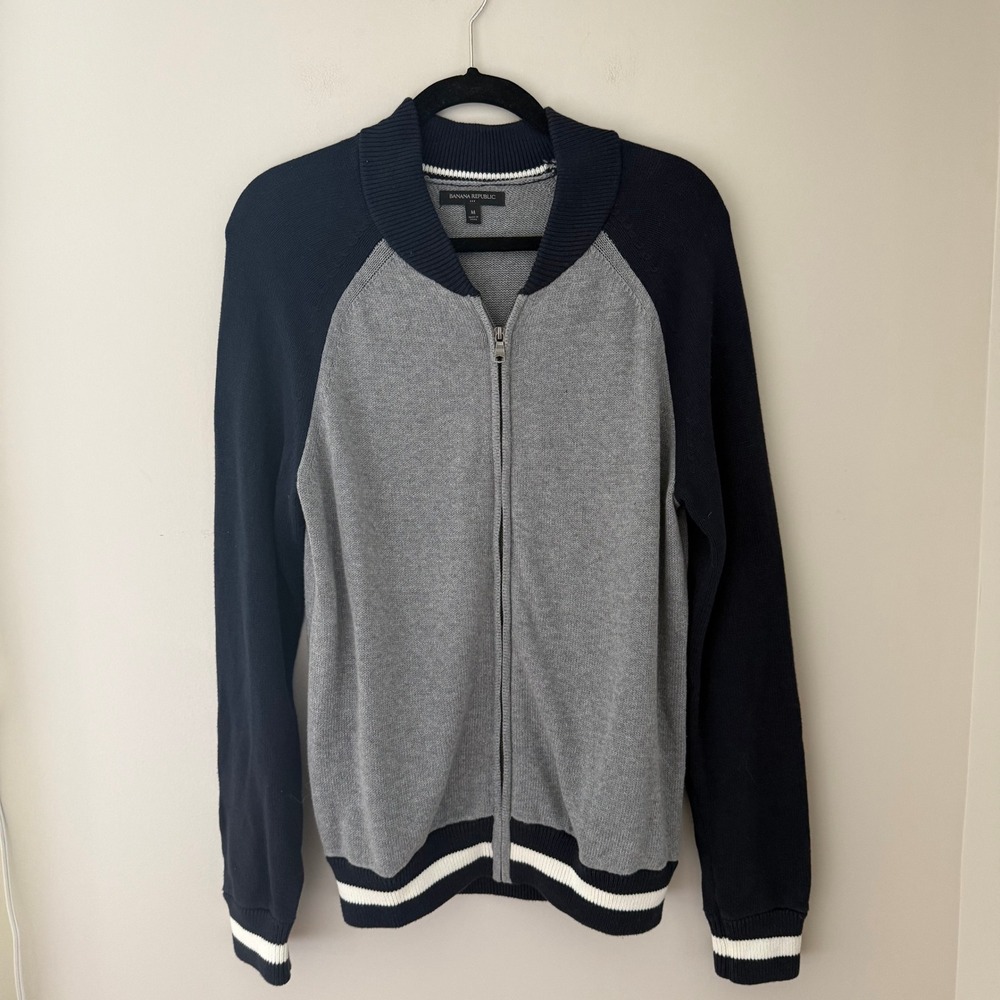 Banana Republic Mens Gray Navy Colorblock Full Zip Cotton Cardigan Sweater M